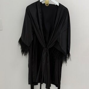 Black Satin Feather-Trim Robe - Women Intimates & Sleepwear